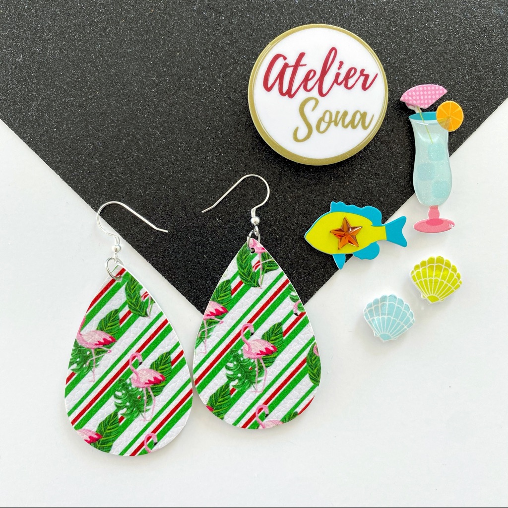 Striped Flamingo Printed Tear Drop Earrings